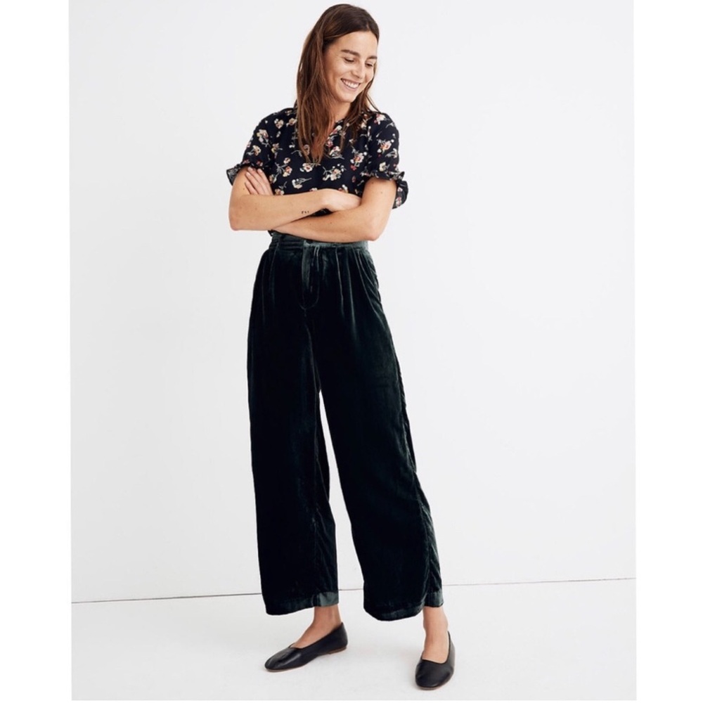 Madewell Green Velvet Pleated Wide-Leg Full-Length Pants